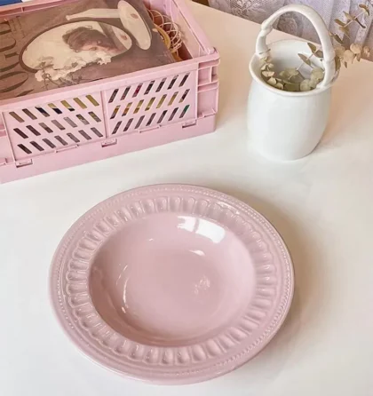 Nordic Embossed Straw Hat Plate Pink Ceramic Tableware